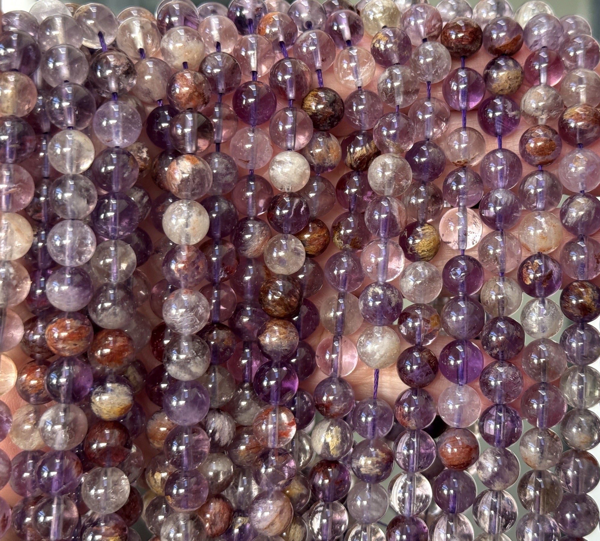 Super Seven Cacoxenite Amethyst 8mm round beads 15.5" strand - Oz Beads 