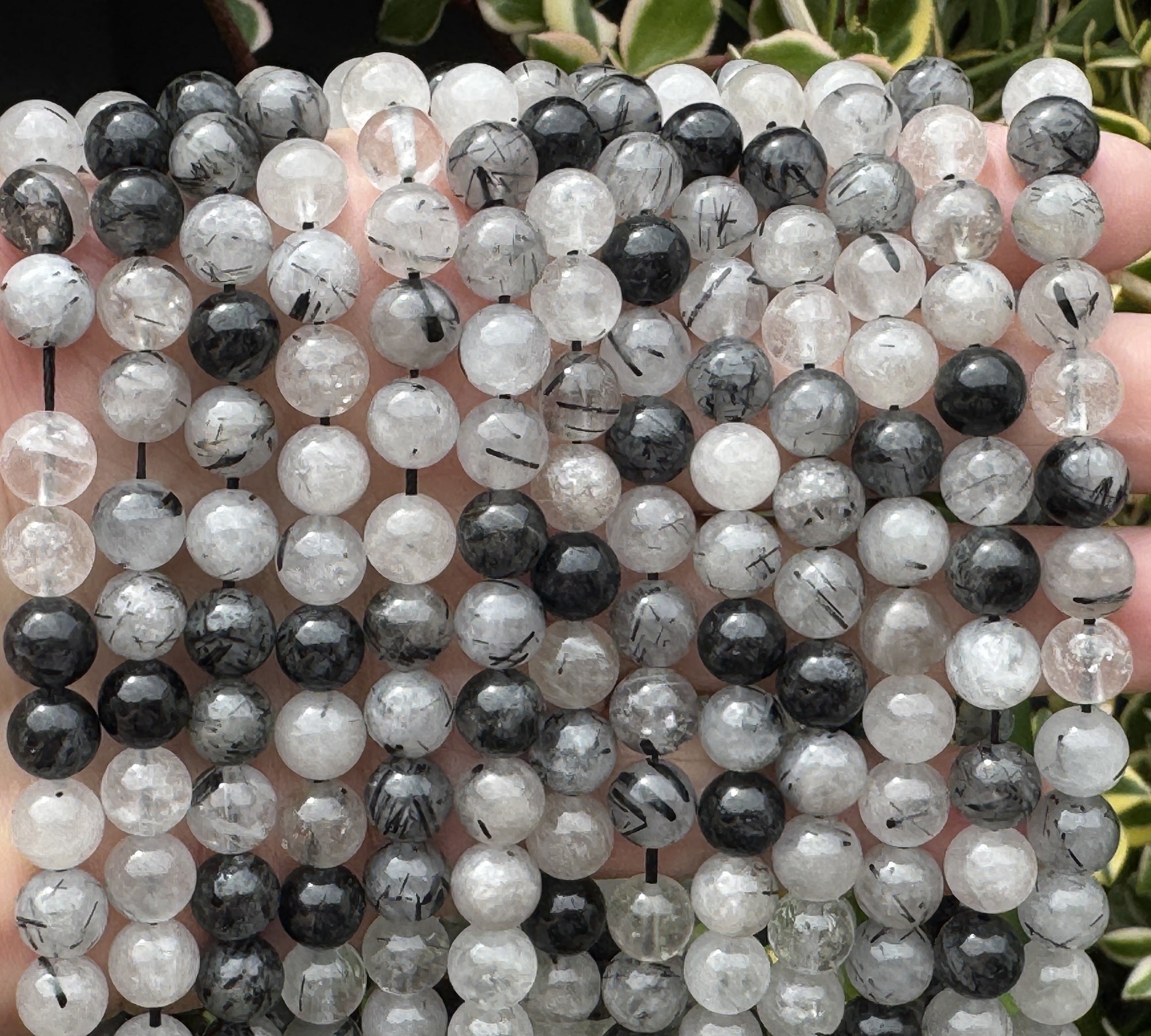 Tourmalinated Quartz 8mm round natural gemstone beads 15" strand - Oz Beads 