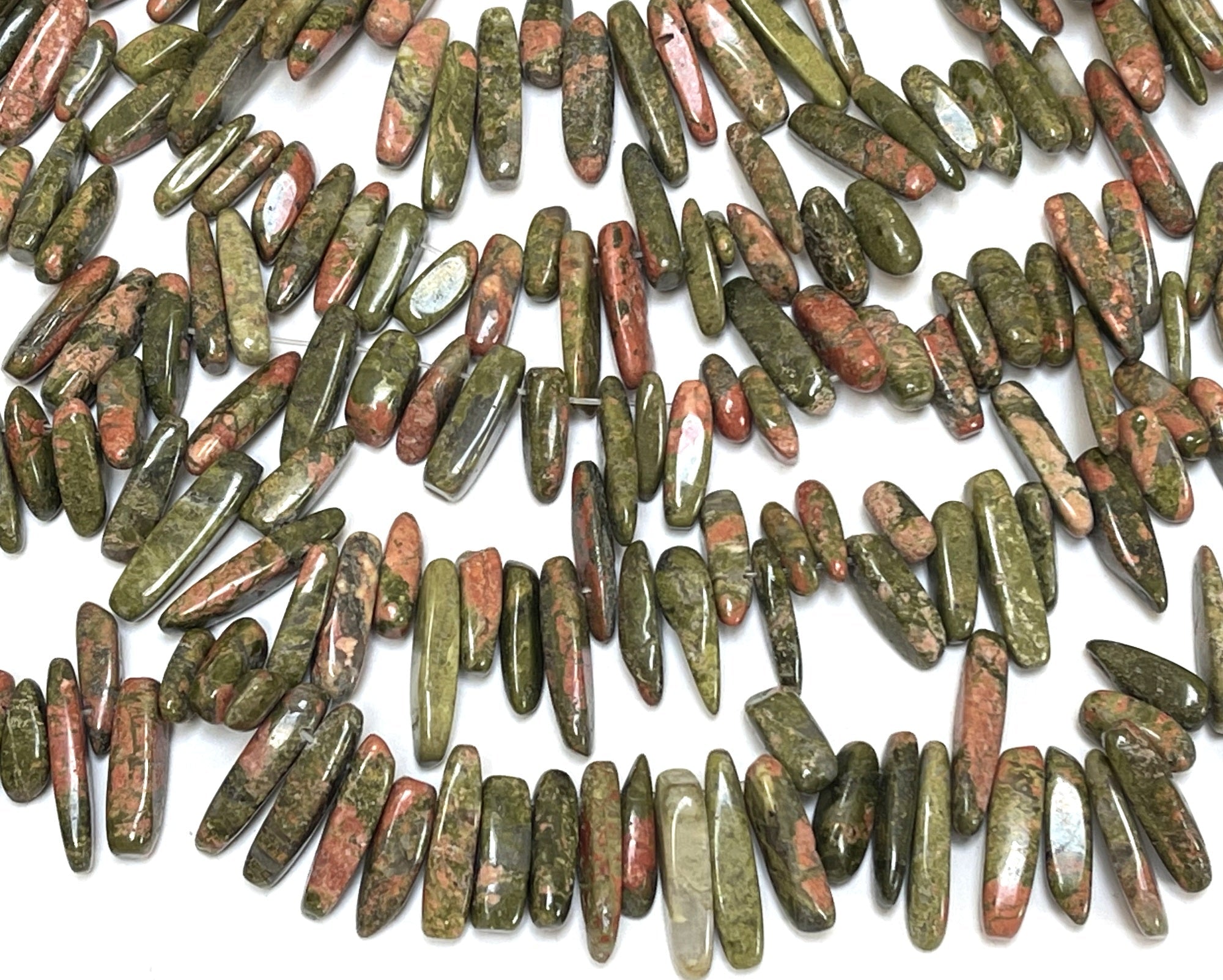Unakite top drilled tooth stick dagger beads 15" strand - Oz Beads 