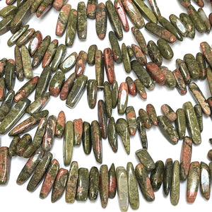 Unakite top drilled tooth stick dagger beads 15" strand - Oz Beads 