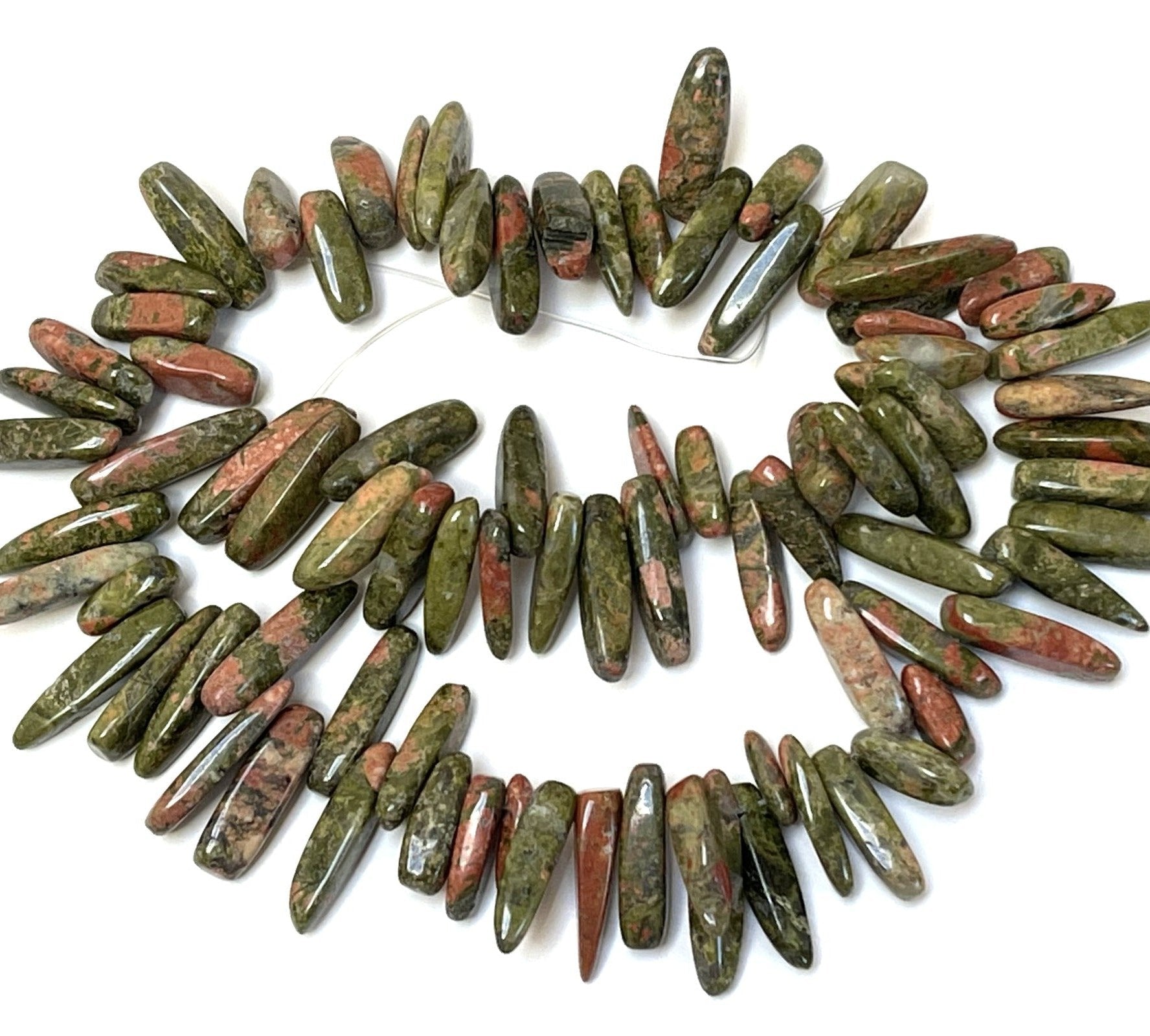 Unakite top drilled tooth stick dagger beads 15" strand - Oz Beads 