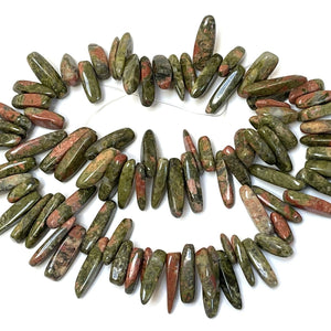 Unakite top drilled tooth stick dagger beads 15" strand - Oz Beads 