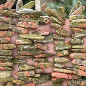 Unakite top drilled tooth stick dagger beads 15" strand - Oz Beads 