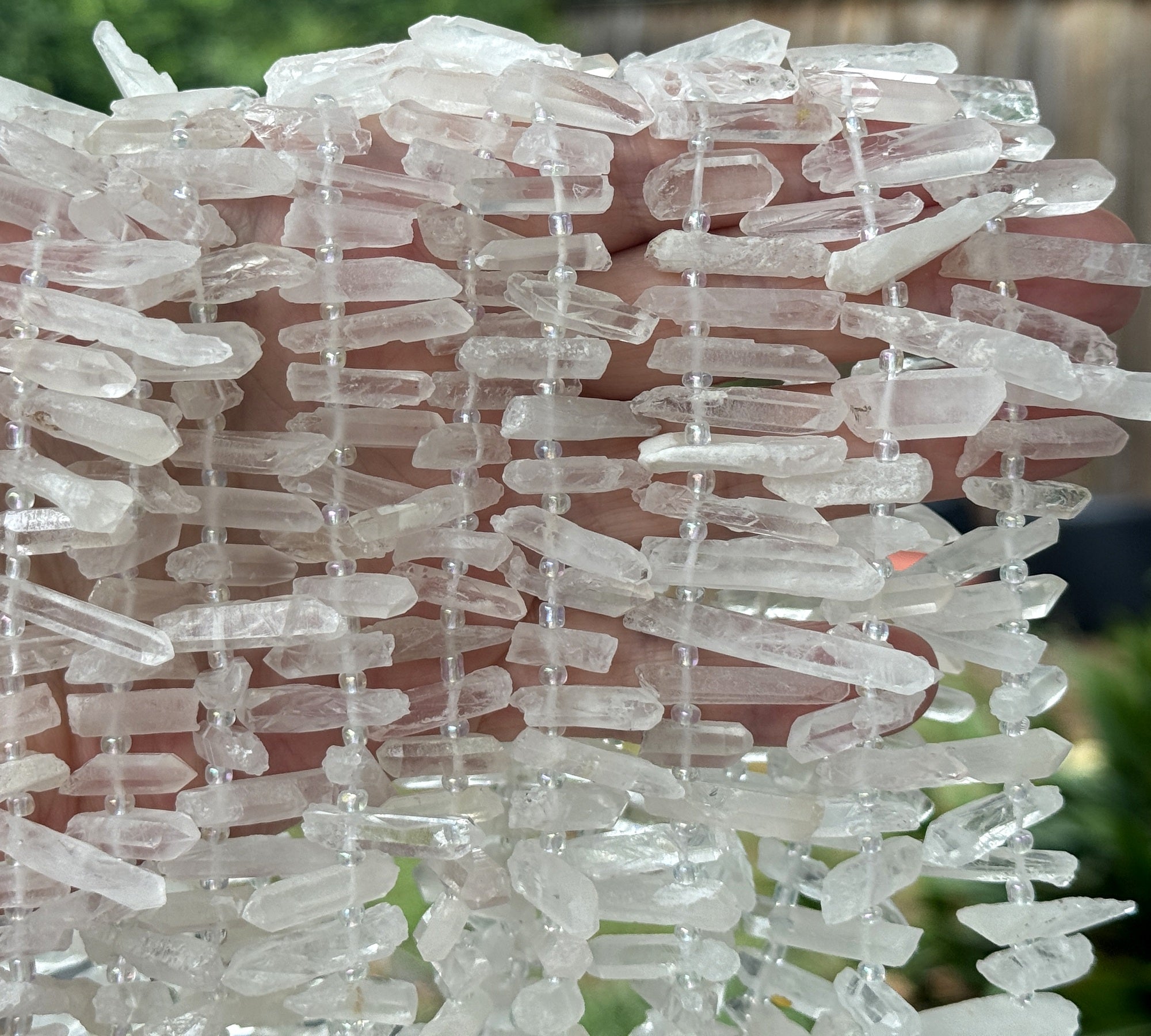 White Quartz raw top drilled points natural rock crystal beads 16" strand - Oz Beads 