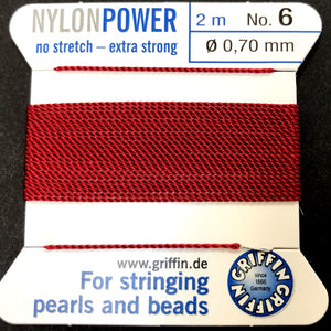 Griffin Nylon Power beading cord with needle, size #6 - 0.70mm, 16 color choice, 2 meter - Oz Beads 