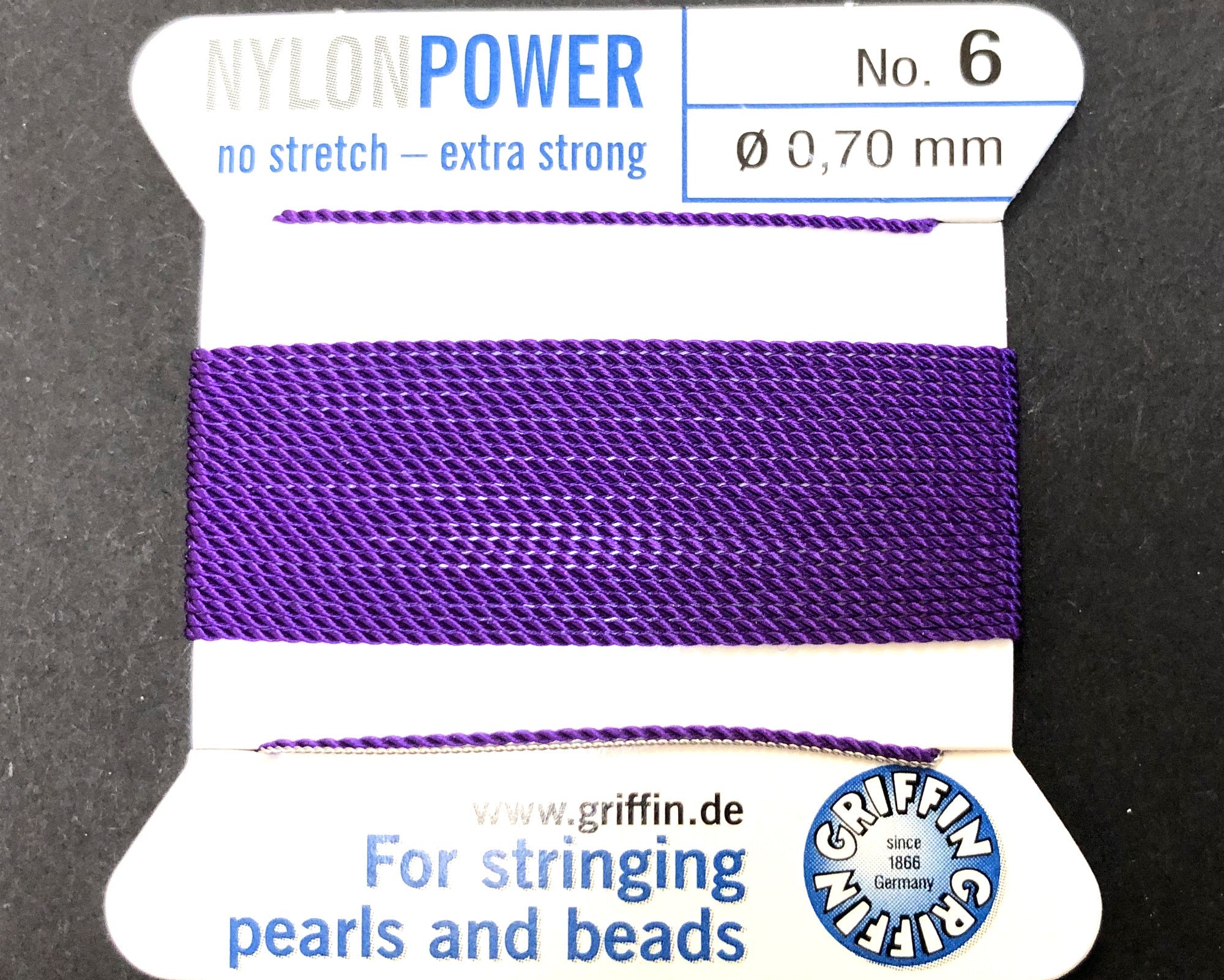 Griffin Nylon Power beading cord with needle, size #6 - 0.70mm, 16 color choice, 2 meter - Oz Beads 