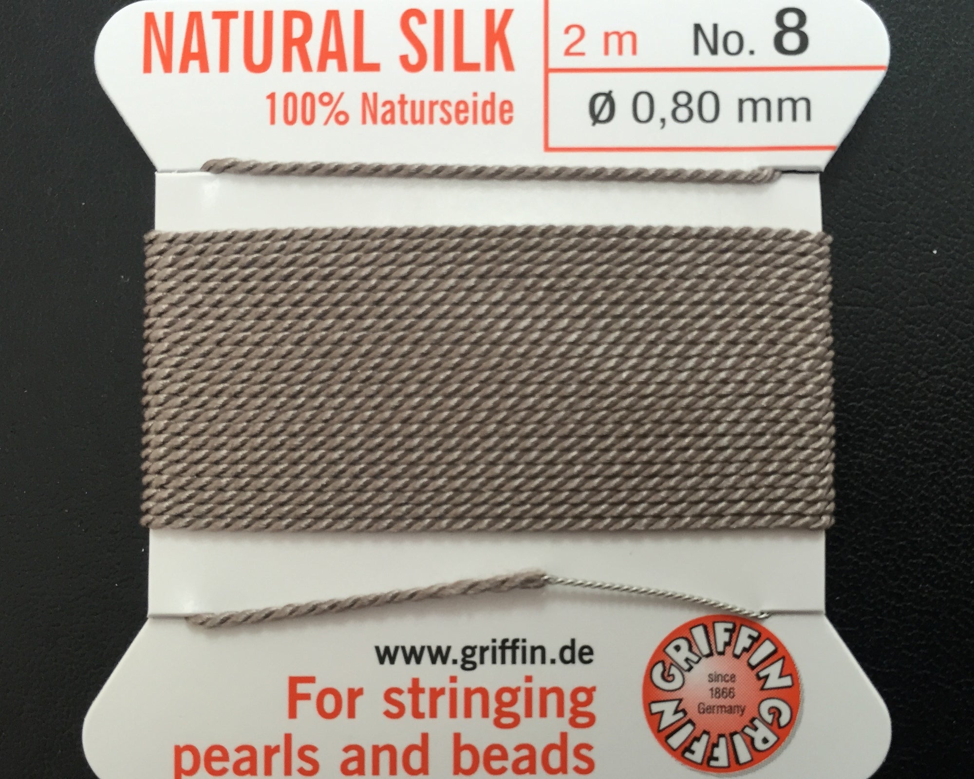 Griffin Silk beading cord with needle, size #8 - 0.8mm, 18 color choice, 2 meter - Oz Beads 