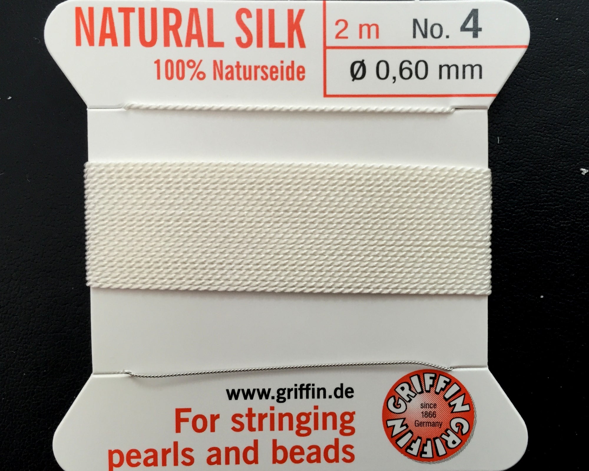 Griffin Silk beading cord with needle, size #4 - 0.6mm, 12 color choice, 2 meter - Oz Beads 