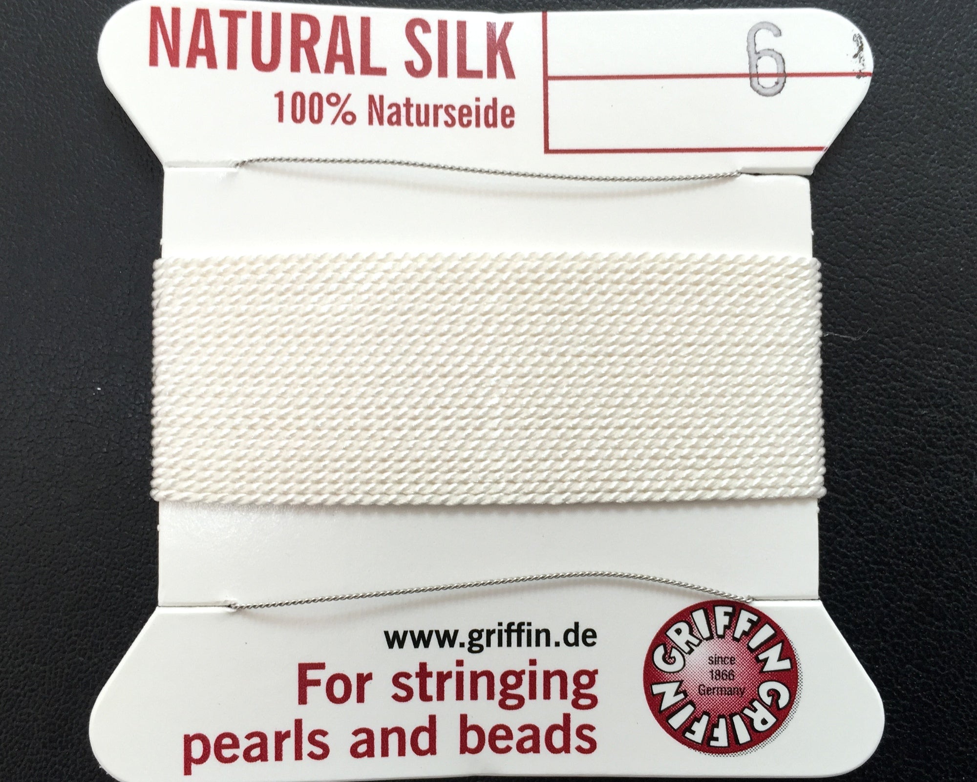 Griffin White Silk beading cord with 2 needles, size #2, #4, #6, #8, 2 meter length - Oz Beads 