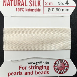Griffin White Silk beading cord with 2 needles, size #2, #4, #6, #8, 2 meter length - Oz Beads 