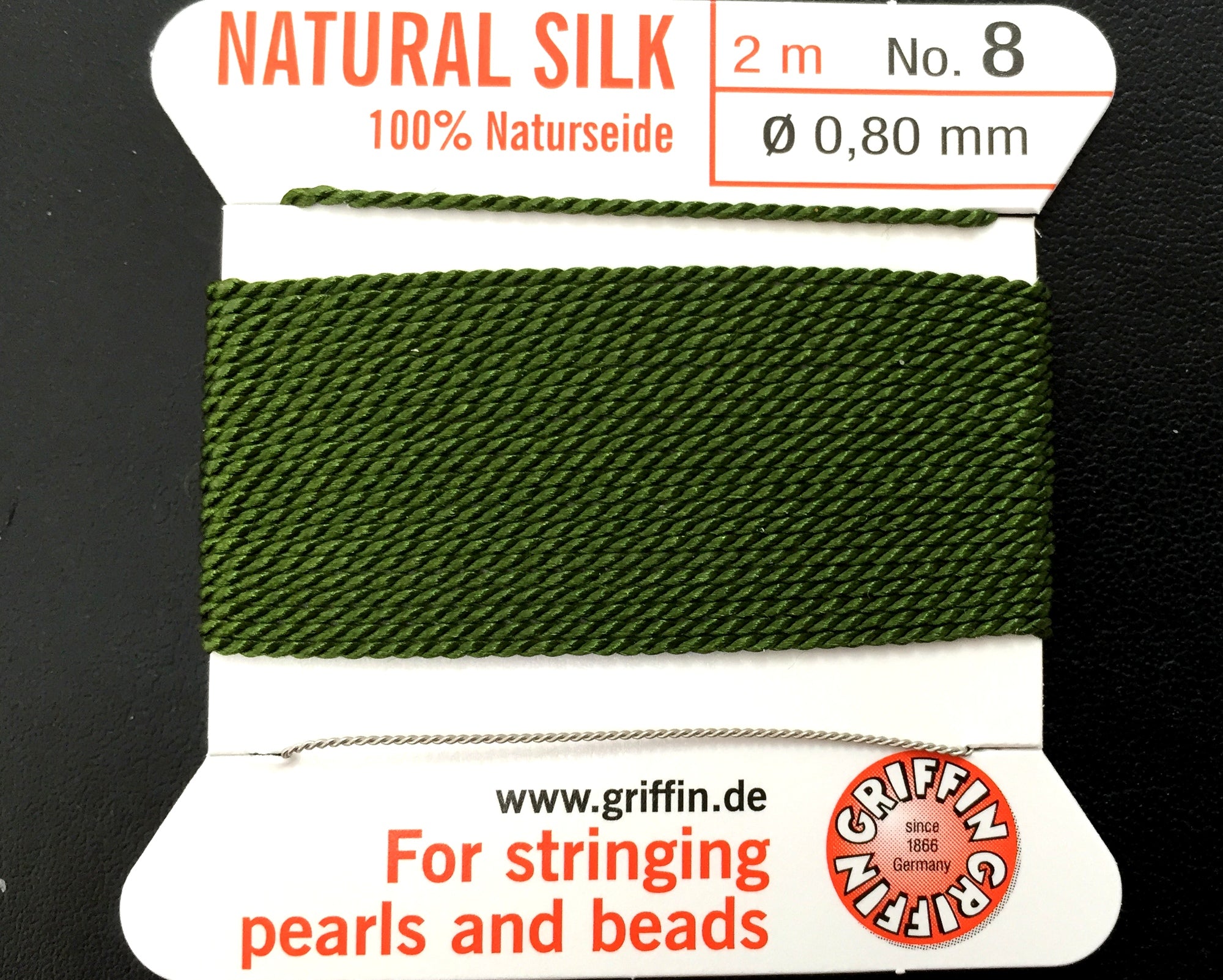 Griffin Silk beading cord with needle, size #8 - 0.8mm, 18 color choice, 2 meter - Oz Beads 