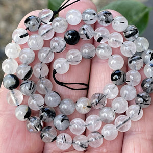 Black Tourmaline Rutilated Quartz 6mm round natural gemstone beads 15.5" strand - Oz Beads 