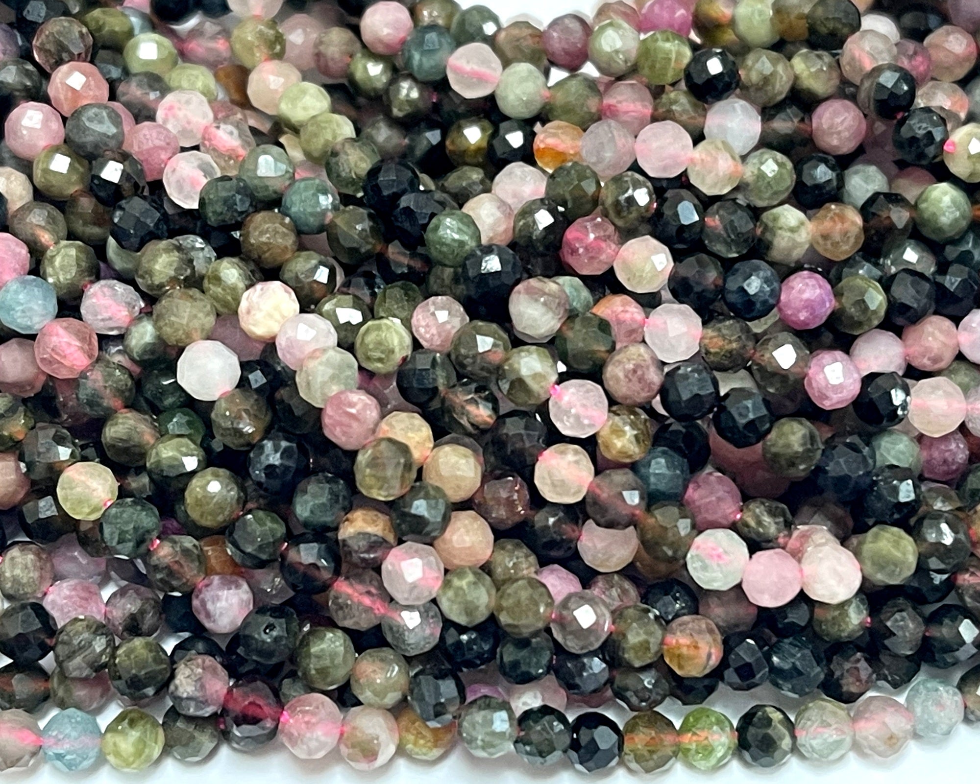 Tourmaline multi-colour 3mm 4mm faceted round natural gemstone beads 15.5" strand