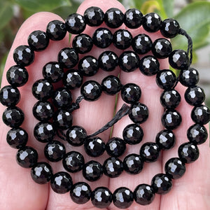 Black Onyx 6mm round micro faceted gemstone beads 15" strand - Oz Beads 