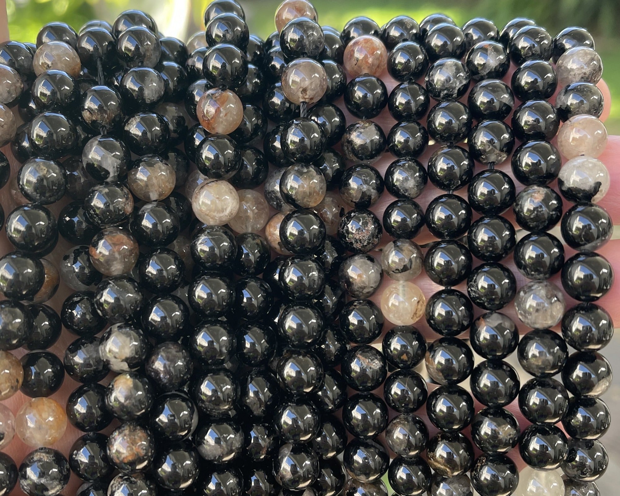 Black Tourmaline in Quartz and Iron Matrix 8mm round natural gemstone beads 15.5" strand