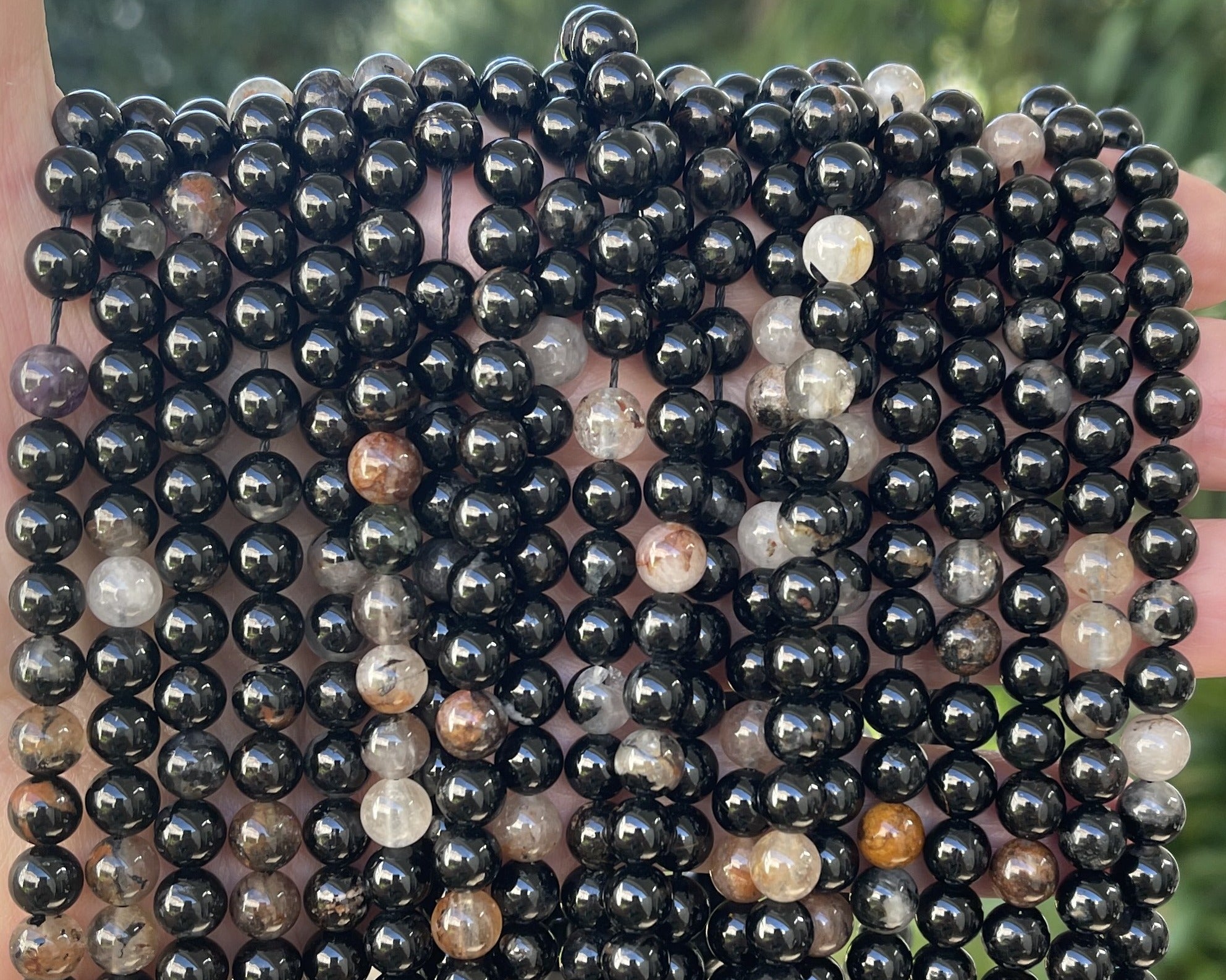 Black Tourmaline in Quartz and Iron Matrix 6mm round natural gemstone beads 15.5" strand