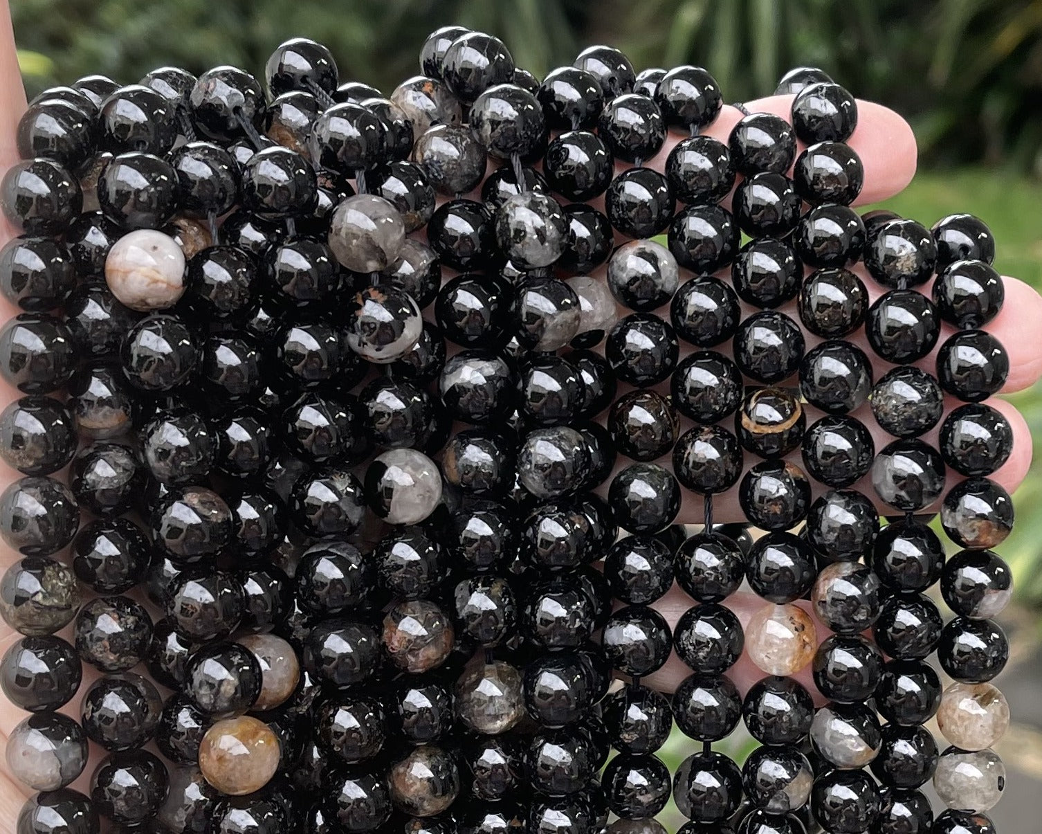 Black Tourmaline in Quartz and Iron Matrix 10mm round natural gemstone beads 15.5" strand