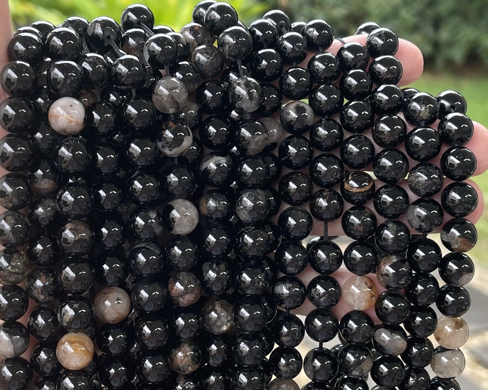 Black Tourmaline in Quartz and Iron Matrix 10mm round natural gemstone beads 15.5" strand