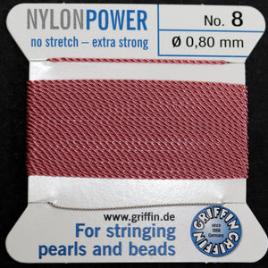 Griffin Nylon Power beading cord with needle, size #8 - 0.80mm, 16 color choice, 2 meter - Oz Beads 