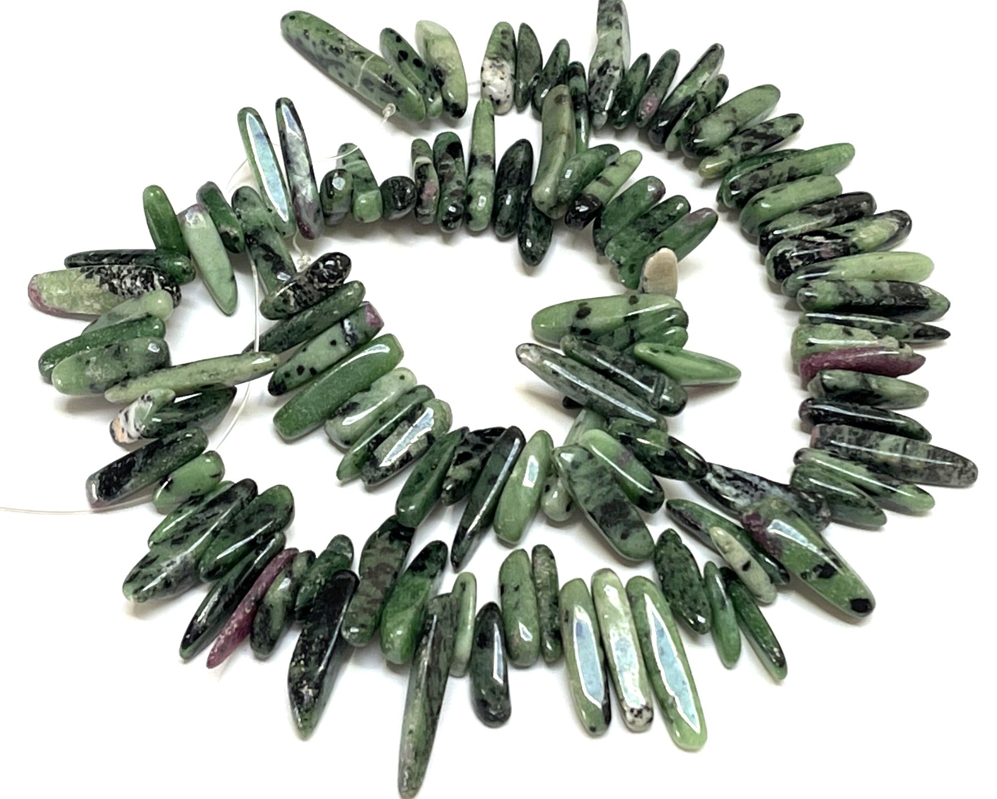 Ruby Zoisite top drilled tooth stick dagger beads 16" strand