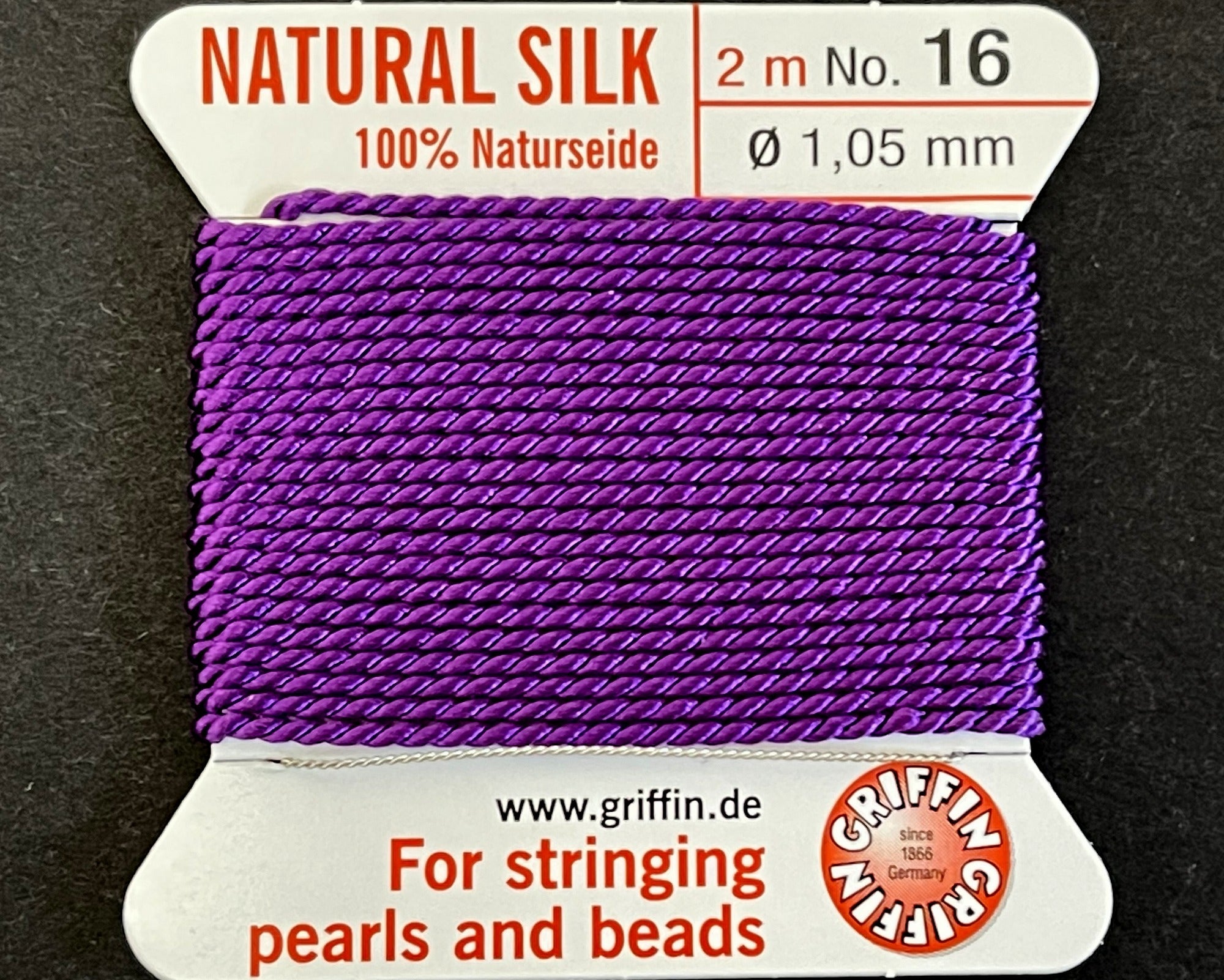 Griffin Silk beading cord with needle, size #16 - 1.05mm, 13 color choice, 2 meter - Oz Beads 