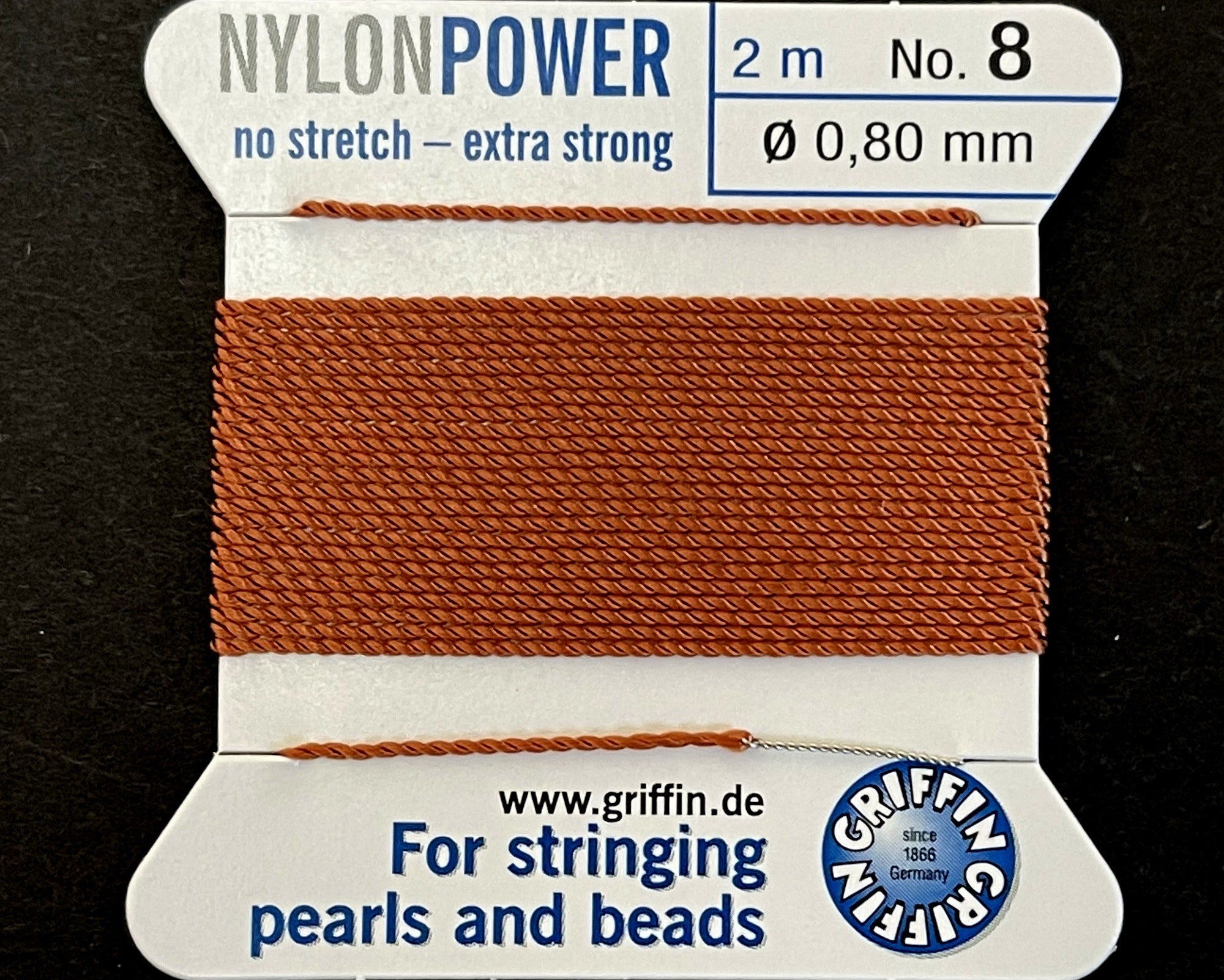 Griffin Nylon Power beading cord with needle, size #8 - 0.80mm, 16 color choice, 2 meter - Oz Beads 