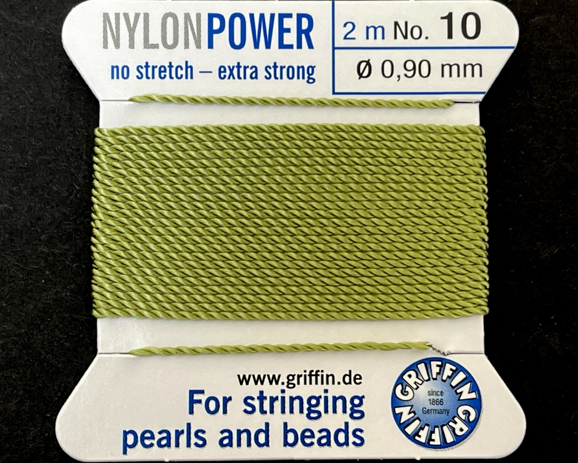 Griffin Nylon Power beading cord with needle, size #10 - 0.9mm, 2 metre