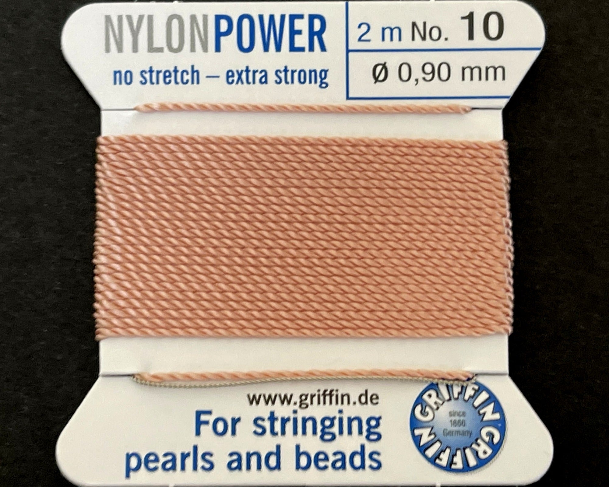 Griffin Nylon Power beading cord with needle, size #10 - 0.9mm, 2 metre