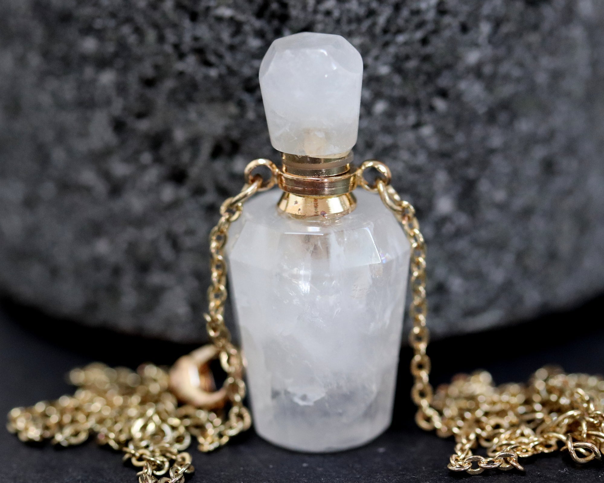 White Quartz perfume bottle pendant, essential oil gemstone bottle necklace
