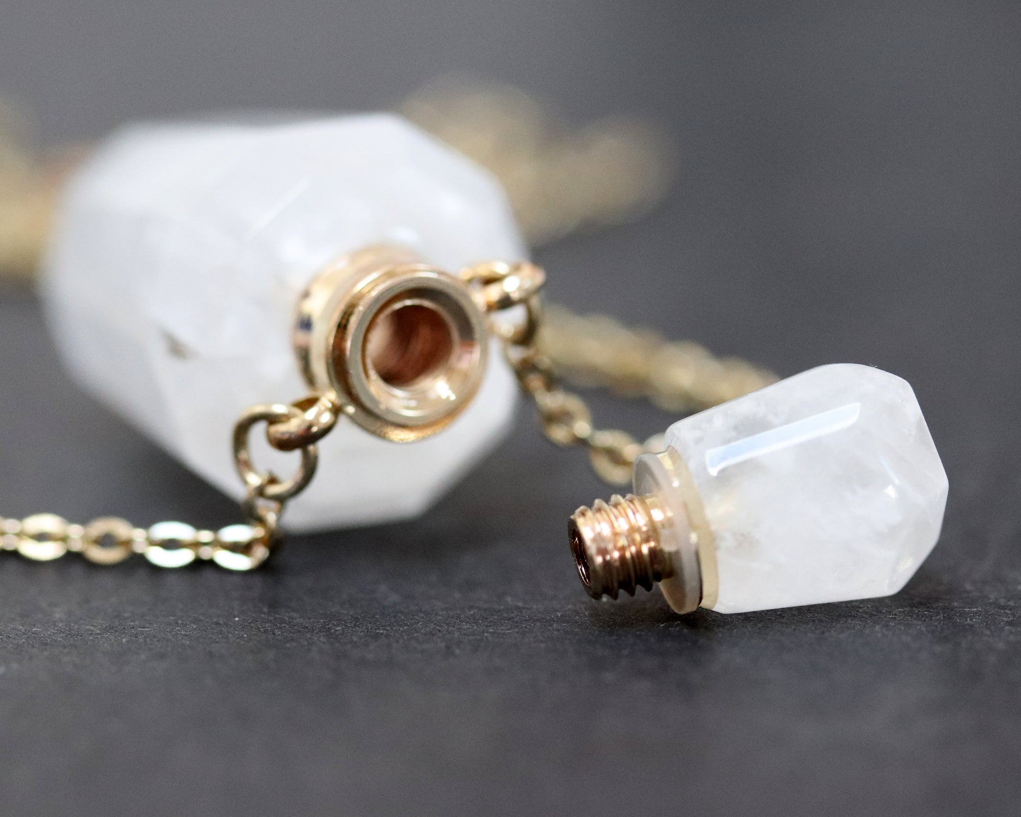 White Quartz perfume bottle pendant, essential oil gemstone bottle necklace