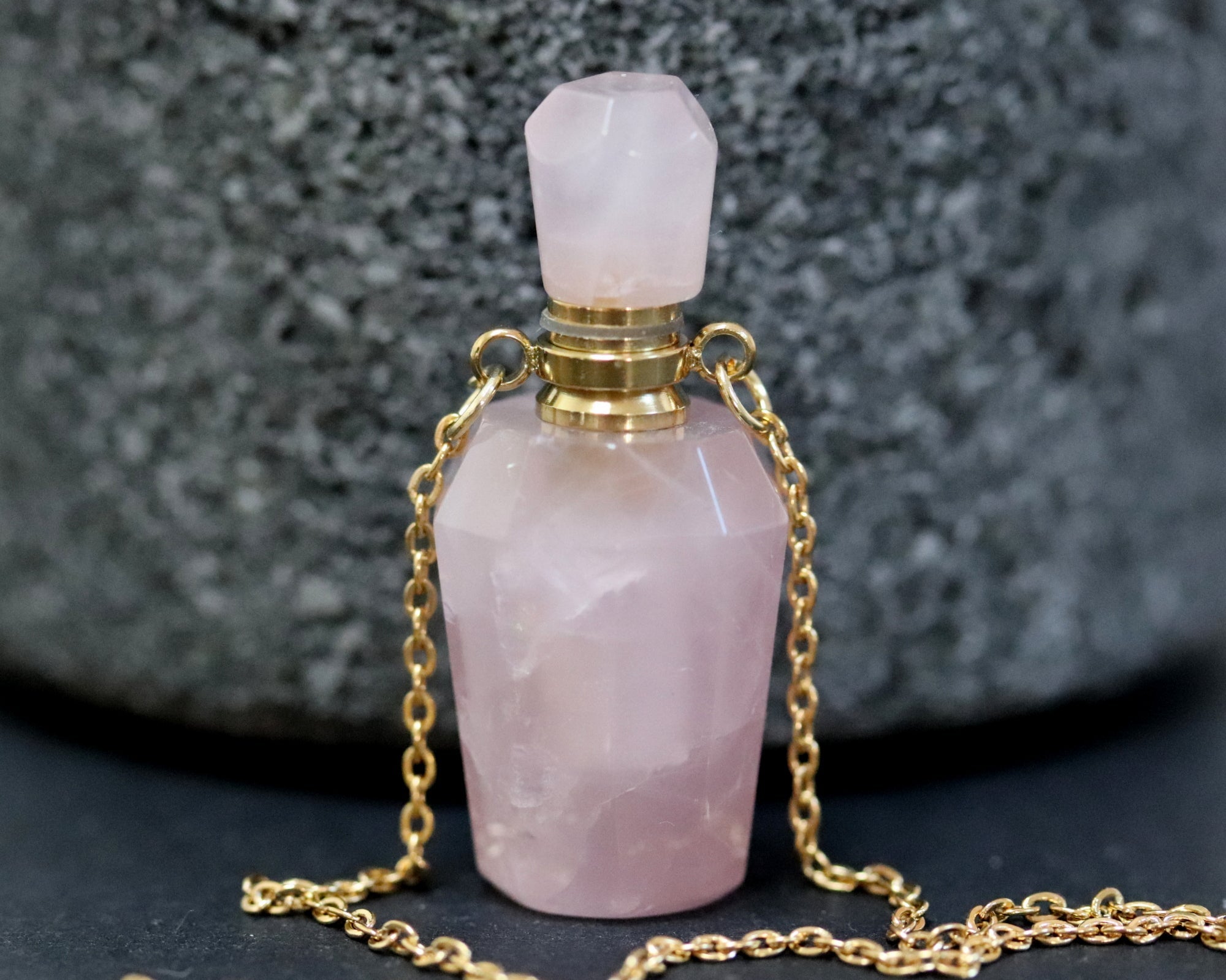 Rose Quartz bottle pendant, perfume or essential oil natural gemstone bottle necklace