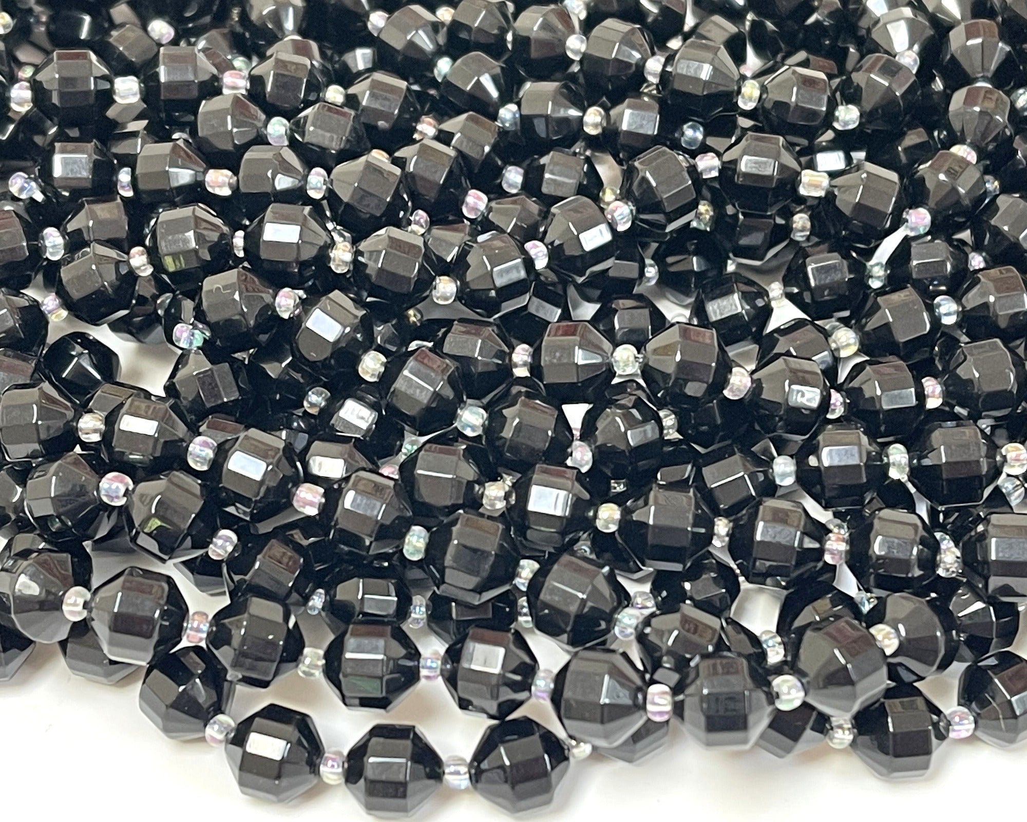 Black Onyx faceted 9x10mm energy prism beads 14.5" strand