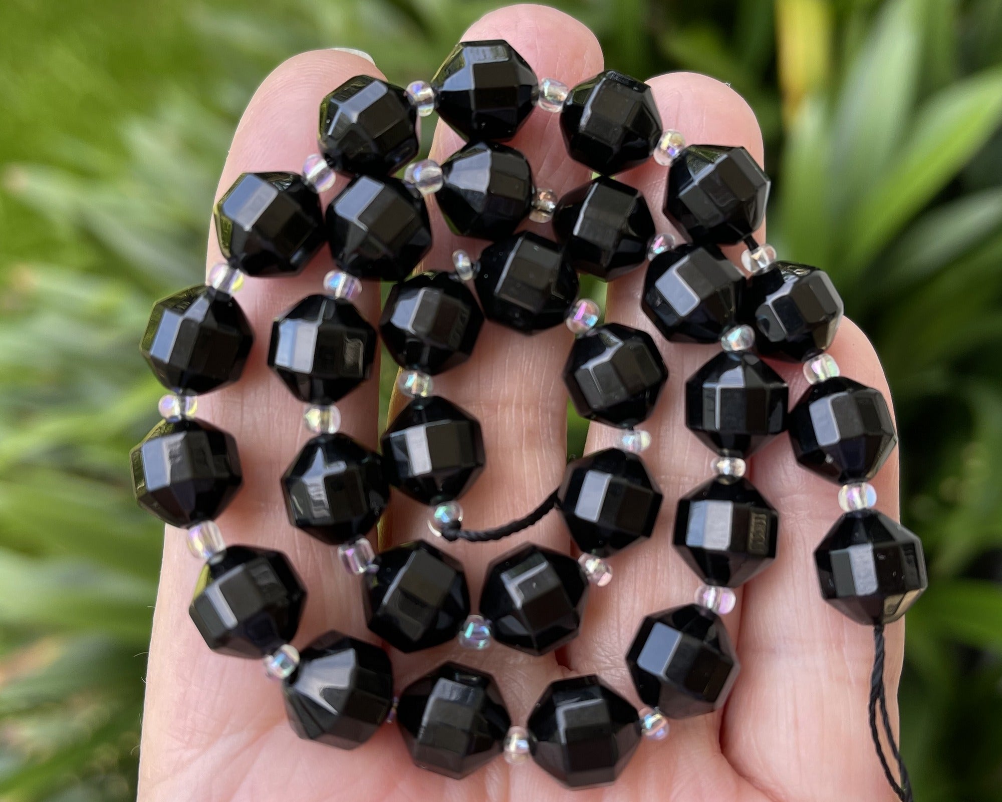 Black Onyx faceted 9x10mm energy prism beads 14.5" strand