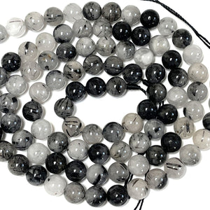 Black Tourmaline Rutilated Quartz 8mm round natural gemstone beads 15" strand - Oz Beads 