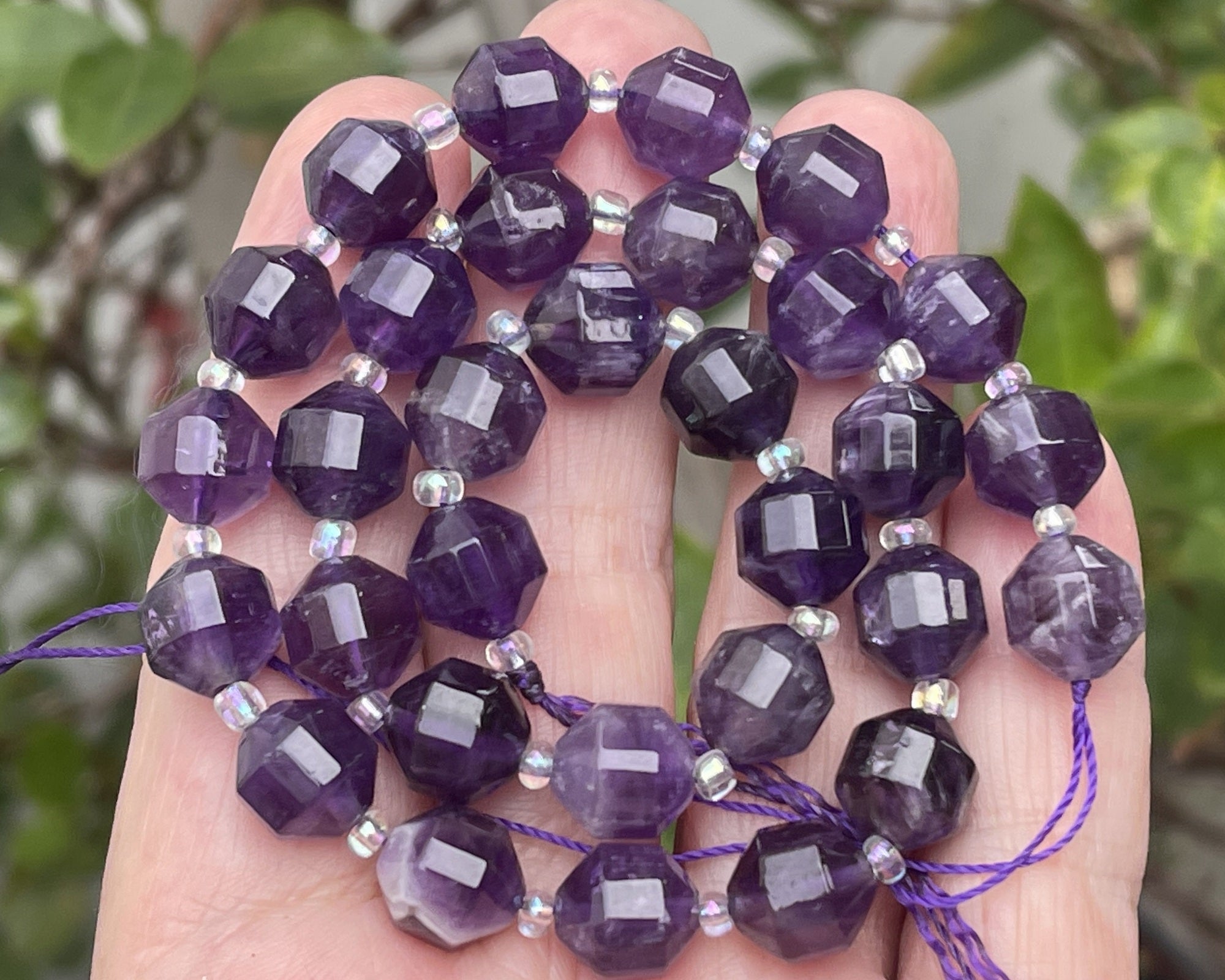 Amethyst faceted 9x10mm energy prism beads 14.5" strand