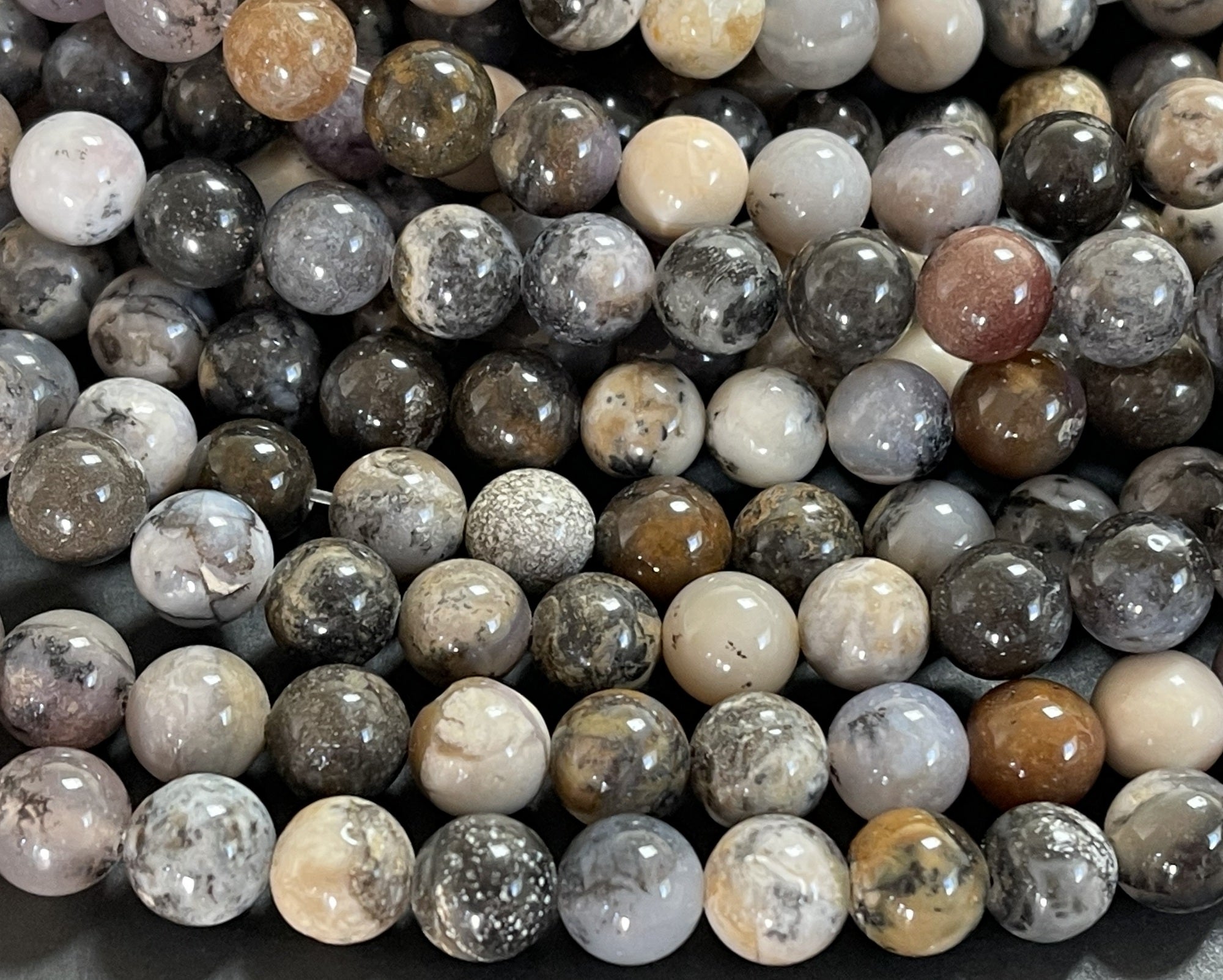 Black Dendritic Opal 8mm round natural gemstone beads 15" strand