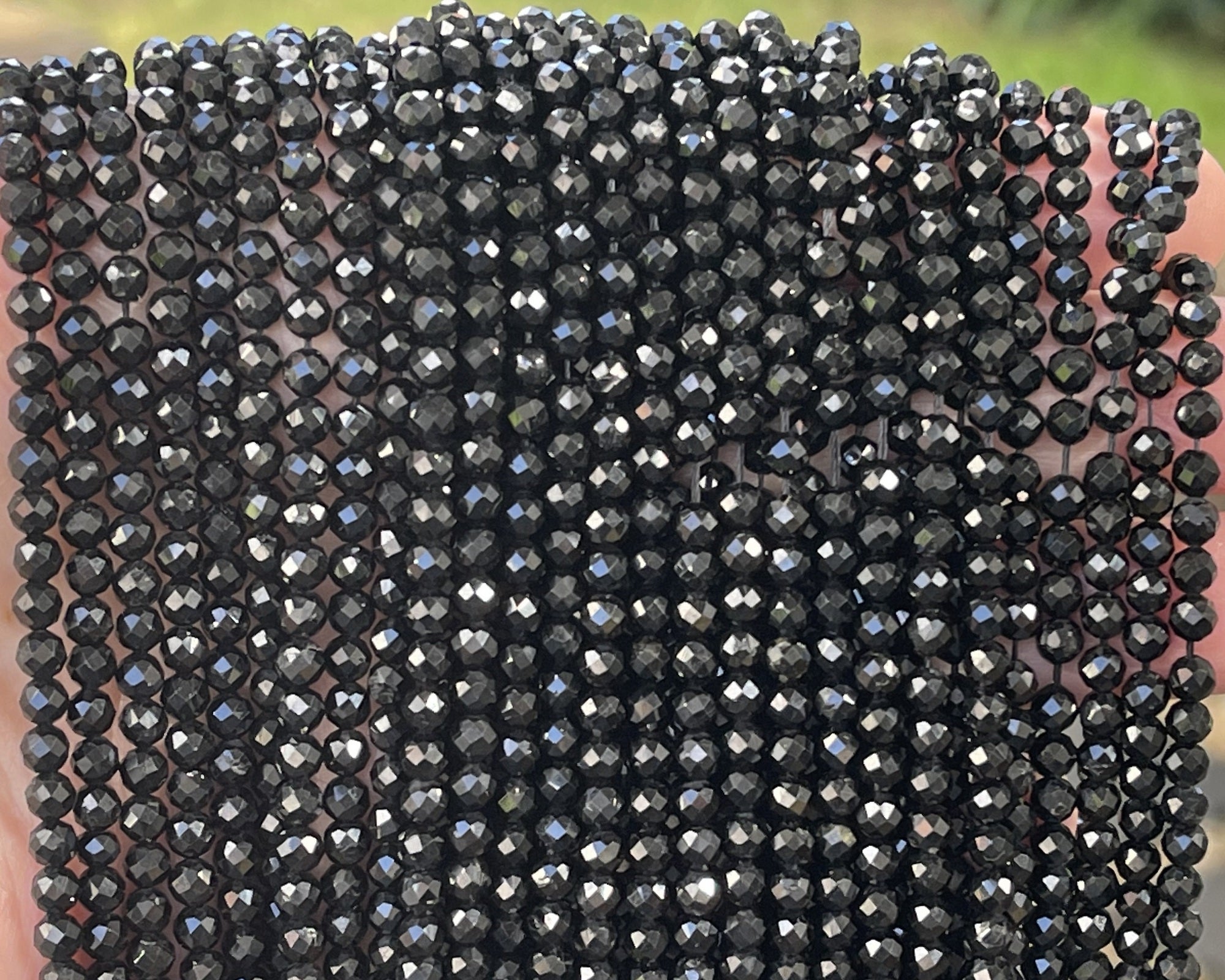 Black Tourmaline 3mm 4mm faceted round natural gemstone beads 15.5" strand