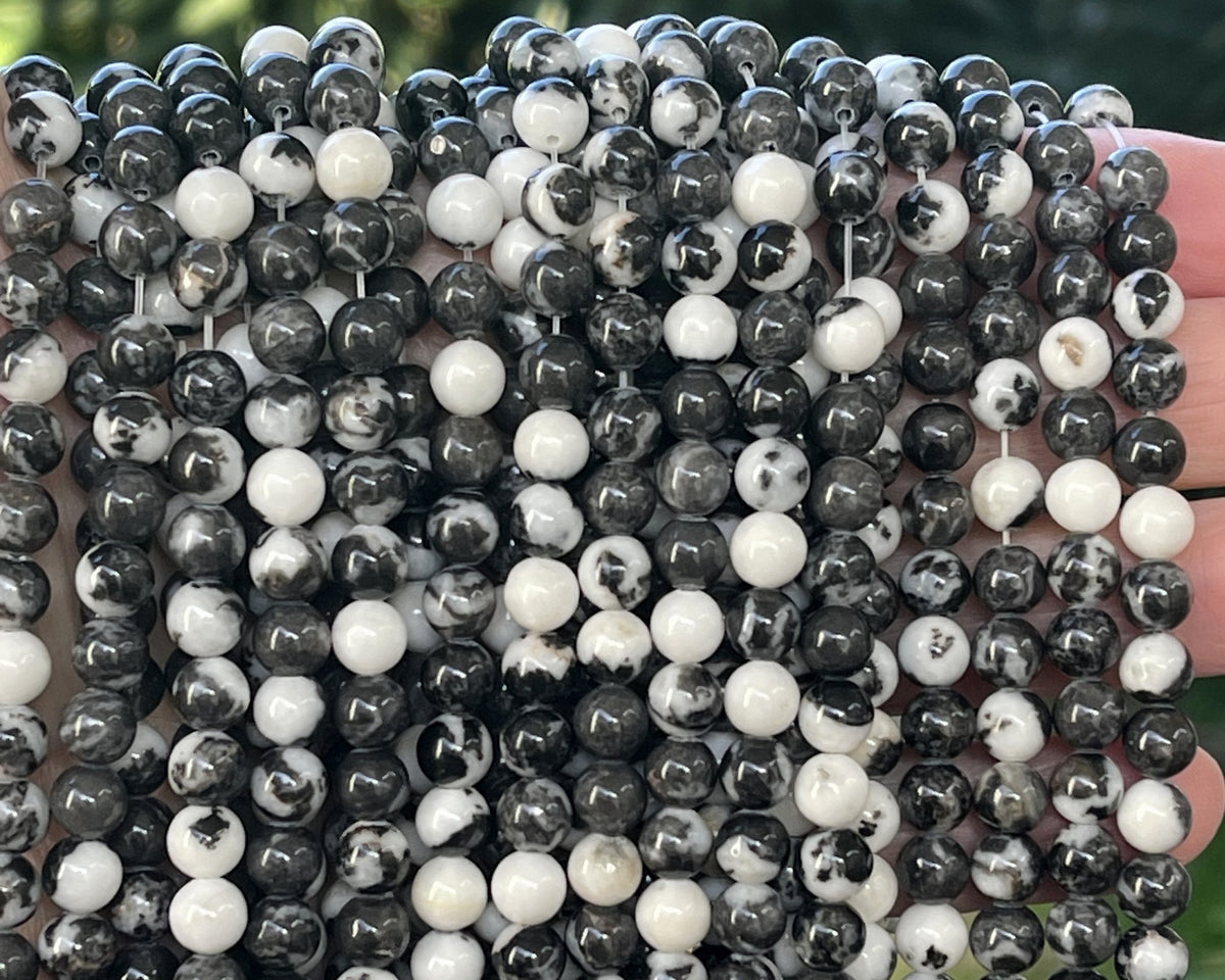 Black White Zebra Jasper 6mm round natural gemstone beads 15" strand - Oz Beads 