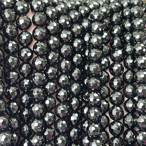 Black Onyx 6mm round micro faceted gemstone beads 15" strand - Oz Beads 