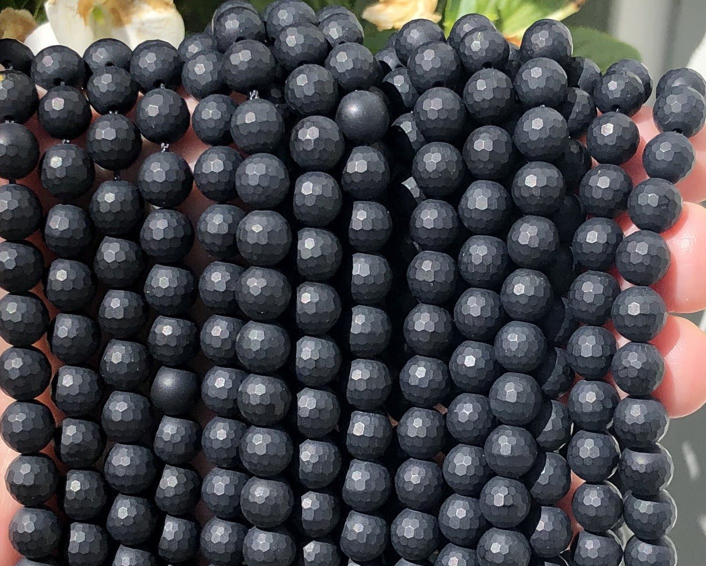 Black Onyx matte 8mm micro faceted round gemstone beads 15" strand - Oz Beads 