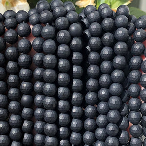Black Onyx matte 8mm micro faceted round gemstone beads 15" strand - Oz Beads 