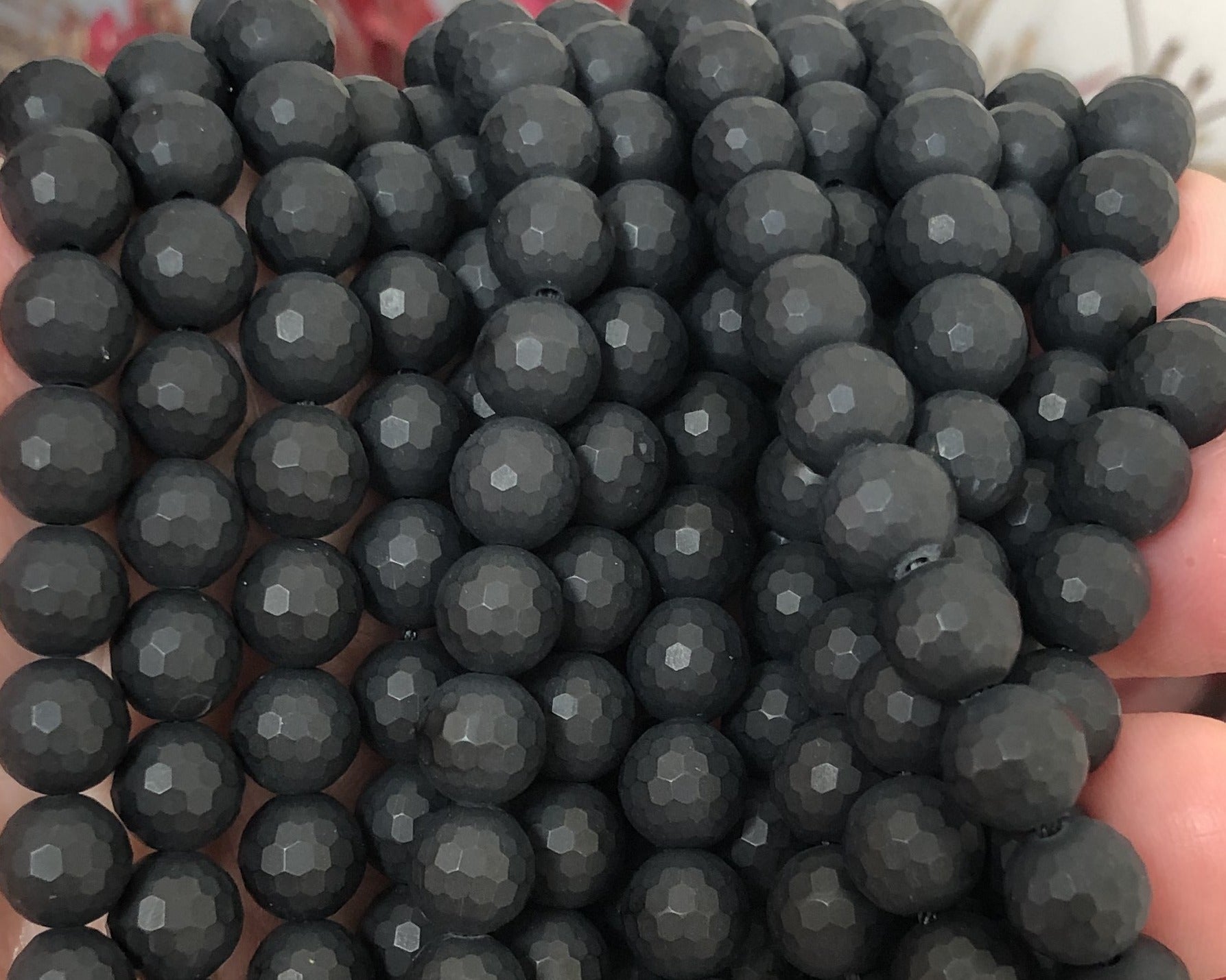 Black Onyx matte 8mm micro faceted round gemstone beads 15" strand - Oz Beads 