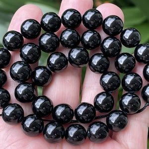 Black Tourmaline 10mm round natural gemstone beads 15" strand - Oz Beads 