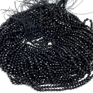 Black Tourmaline 3mm 4mm faceted round natural gemstone beads 15.5" strand - Oz Beads 