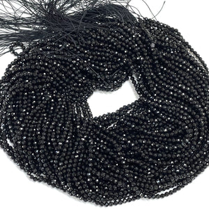 Black Tourmaline 3mm 4mm faceted round natural gemstone beads 15.5" strand - Oz Beads 