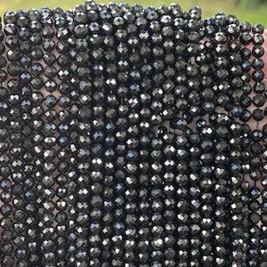 Black Tourmaline 3mm 4mm faceted round natural gemstone beads 15.5" strand - Oz Beads 
