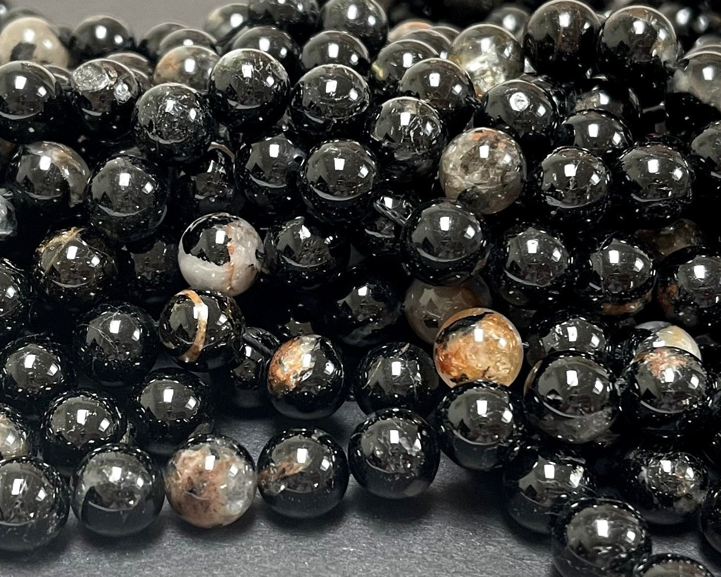 Black Tourmaline in Quartz and Iron Matrix 10mm round natural gemstone beads 15.5" strand - Oz Beads 