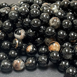 Black Tourmaline in Quartz and Iron Matrix 10mm round natural gemstone beads 15.5" strand - Oz Beads 