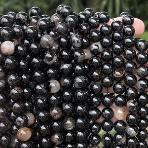 Black Tourmaline in Quartz and Iron Matrix 10mm round natural gemstone beads 15.5" strand - Oz Beads 
