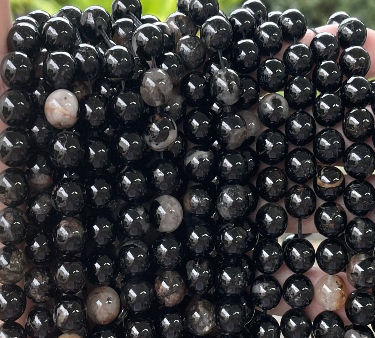 Black Tourmaline in Quartz and Iron Matrix 10mm round natural gemstone beads 15.5" strand - Oz Beads 
